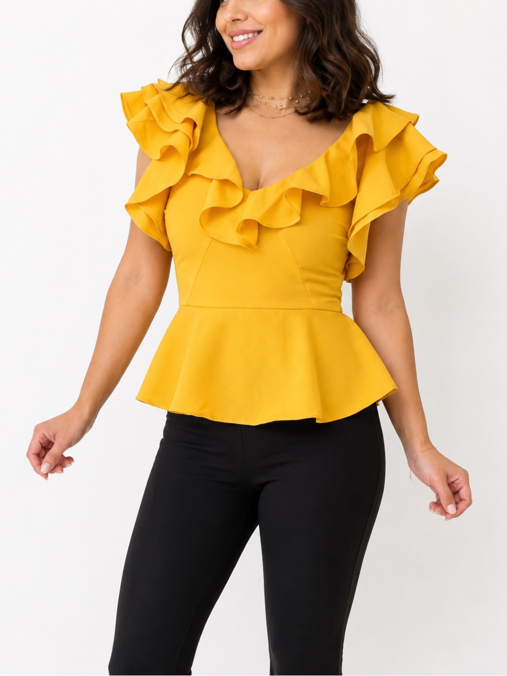 Pretty Lulumari Ruffle Yellow Peplum Shirt Size Small
